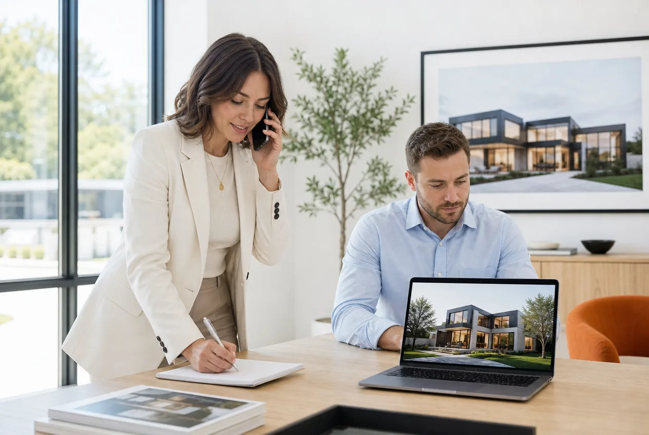 Two real estate professionals working at a bright office desk, one taking a call and writing notes while a colleague reviews a property on a laptop