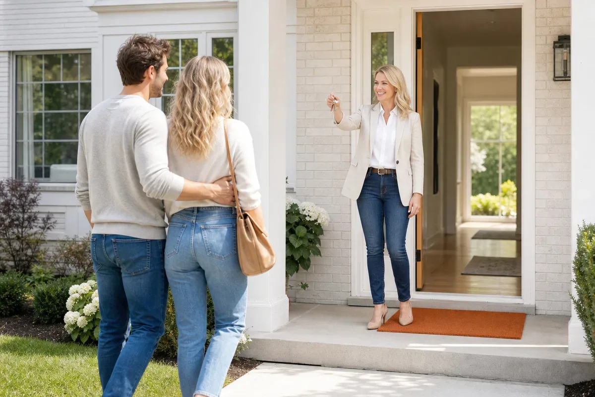 A real estate agent holding keys greets a couple arriving at the front door of a bright suburban home