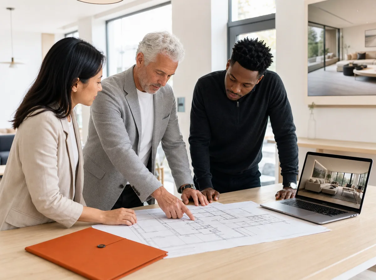 Three real estate professionals reviewing a printed architectural floor plan together at a table in a light office