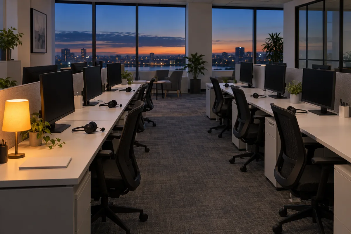 An empty contact center floor at dusk with headsets resting on two rows of white desks and one orange desk lamp switched on