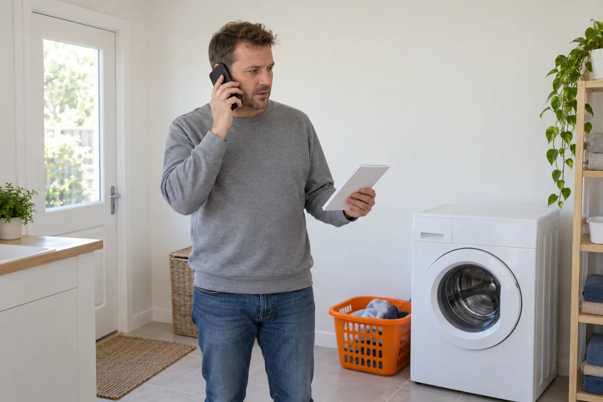 A man in a grey sweatshirt stands beside a white washing machine holding a phone to his ear and a folded paper booklet in his other hand