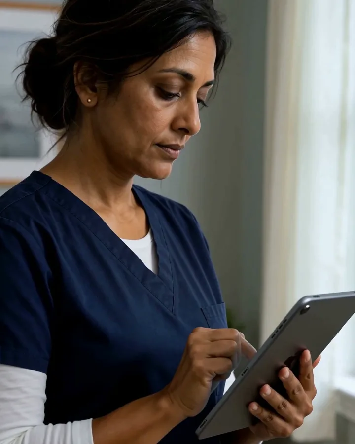 AI-generated still from our film: the doctor reads the drafts on a tablet in the exam room.