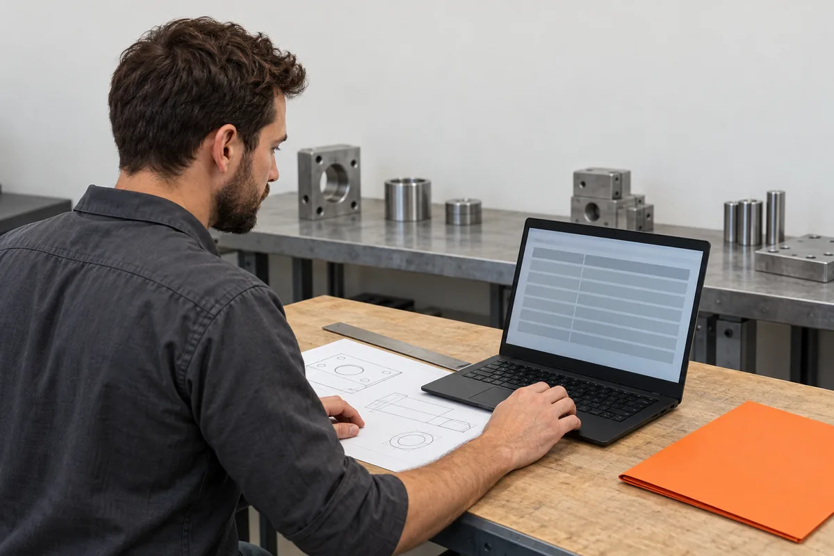 A man reviews a part drawing beside a ruler, a laptop and an orange folder at a shop desk.