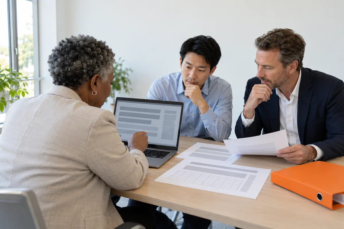 Three colleagues review bid documents beside an open laptop and an orange binder.