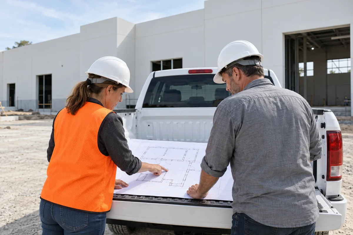 Two people review a printed plan on a tailgate at a commercial job site, with one wearing an orange safety vest.