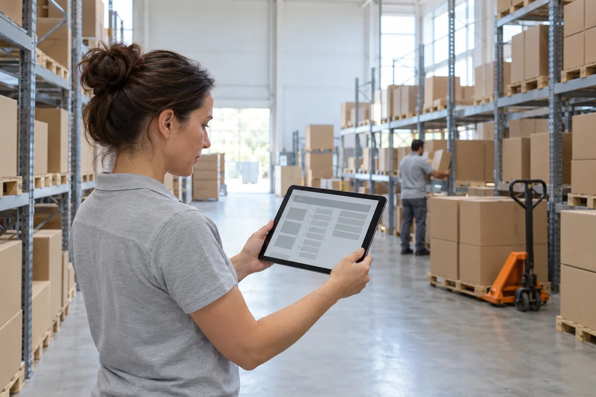 A woman holds a tablet in a warehouse aisle with plain boxes and an orange pallet jack.