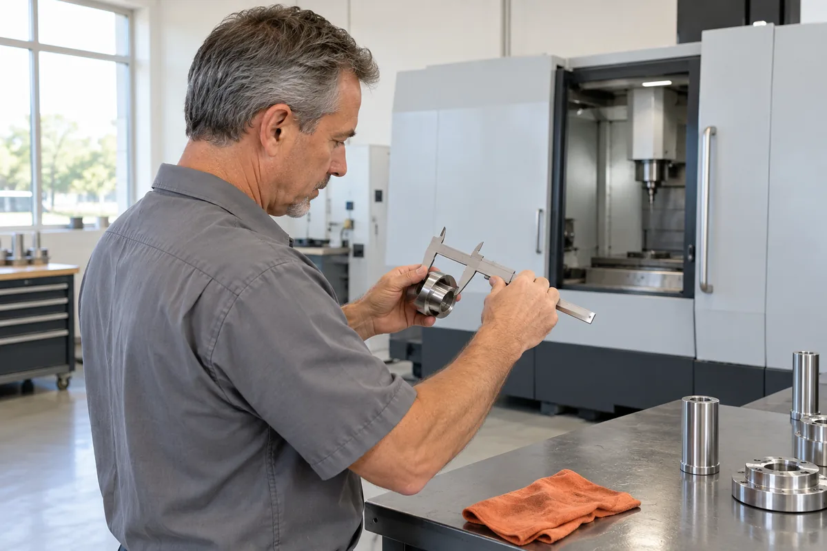 A machinist checks a metal part with calipers beside an orange shop rag and a CNC machine.