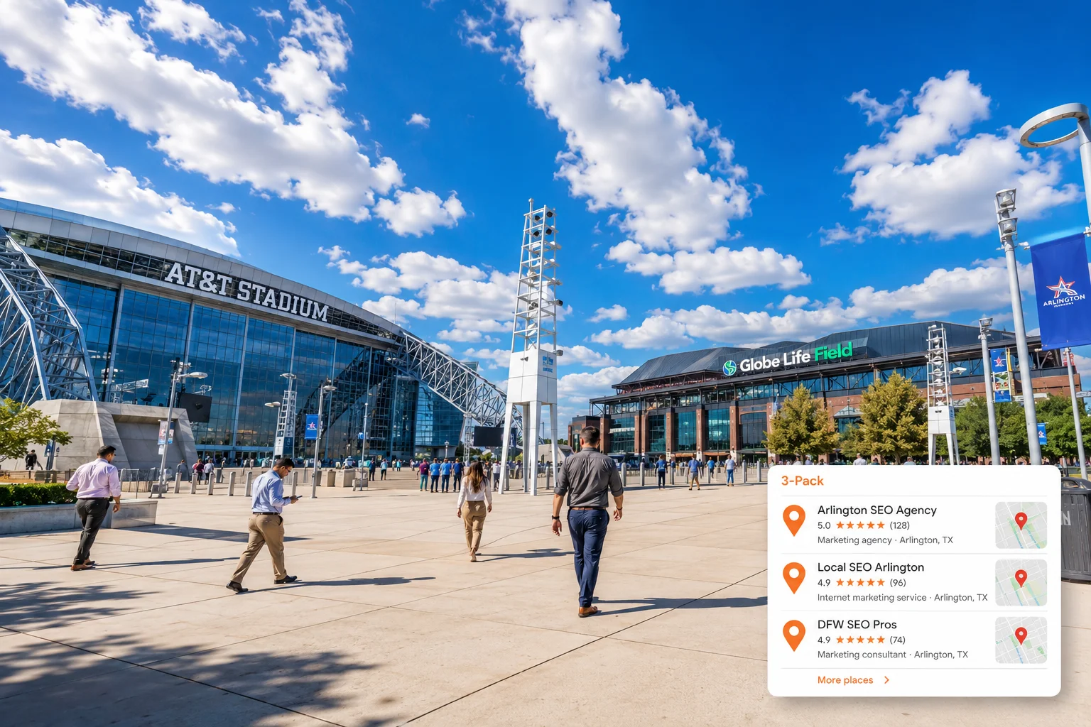 Arlington TX skyline — AT&T Stadium and the Entertainment District at the heart of DFW's most car-centric city