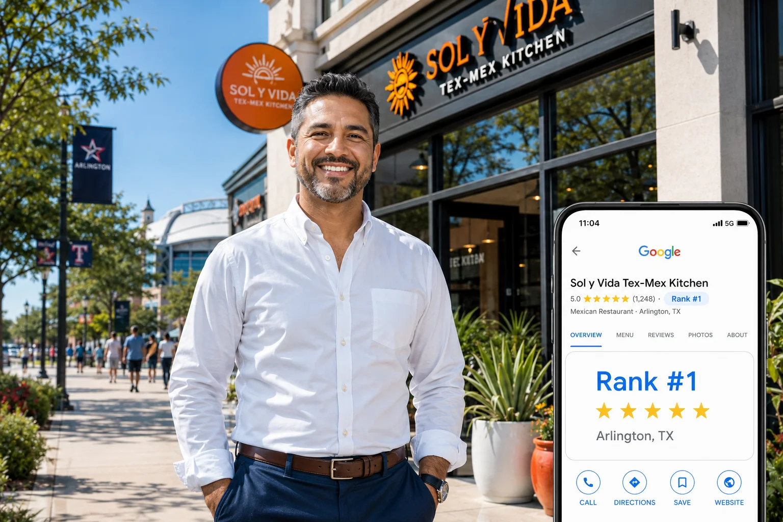 Confident Arlington TX business owner at their thriving local storefront — the kind of growth local SEO delivers