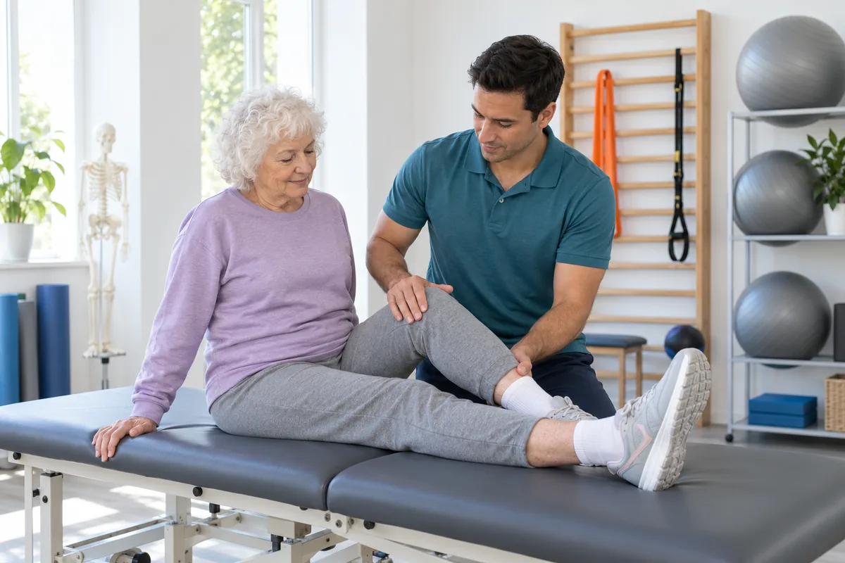 A physiotherapist in a teal polo supporting the knee of an older woman as she stretches on a treatment table in a bright clinic