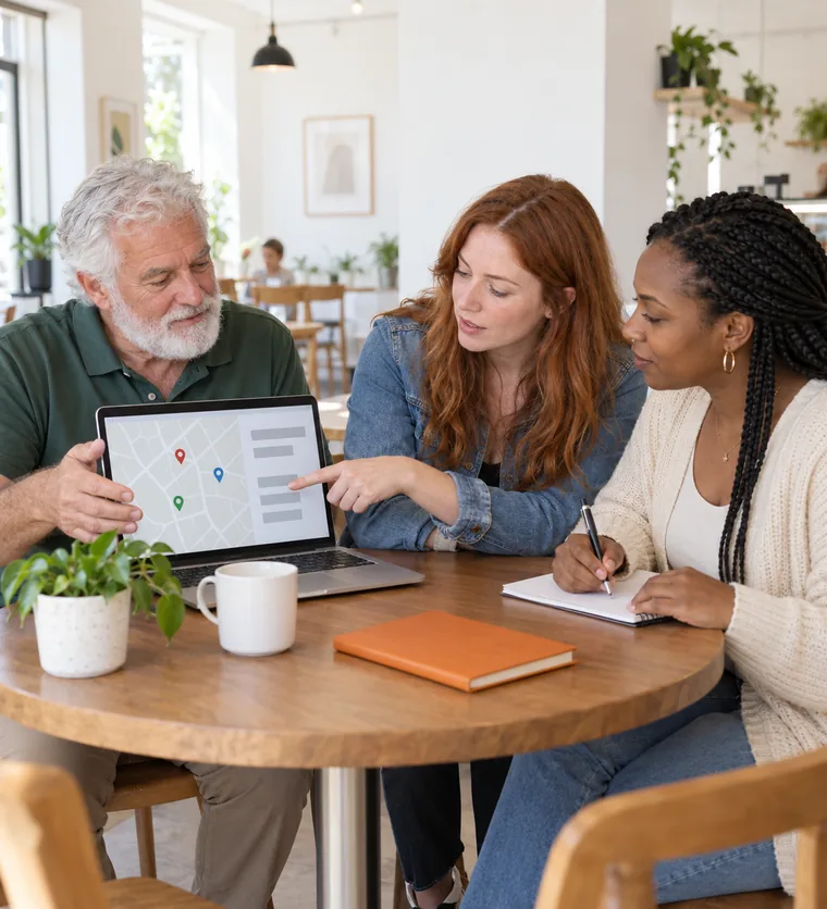 Three people at a round cafe table looking at a laptop that shows a pale map with coloured pins, an orange notebook on the table