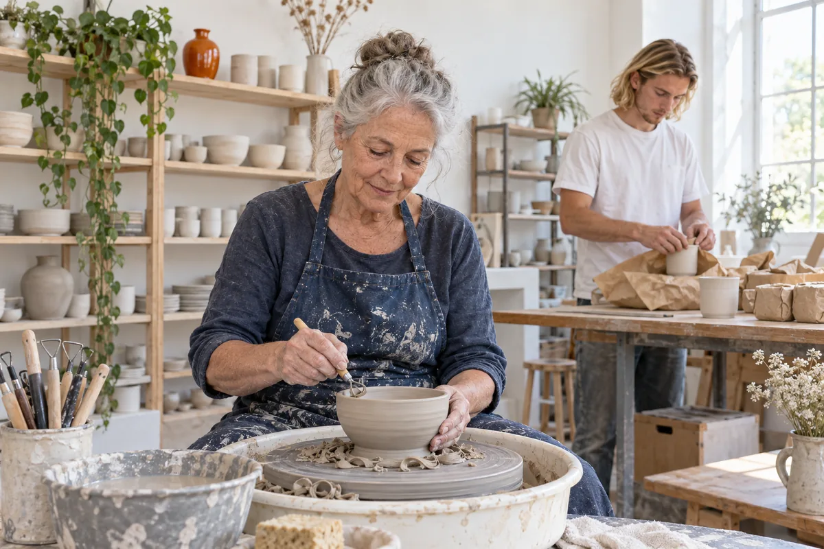 A ceramicist trimming a bowl on a pottery wheel while a man wraps finished cups in brown paper in a sunlit studio