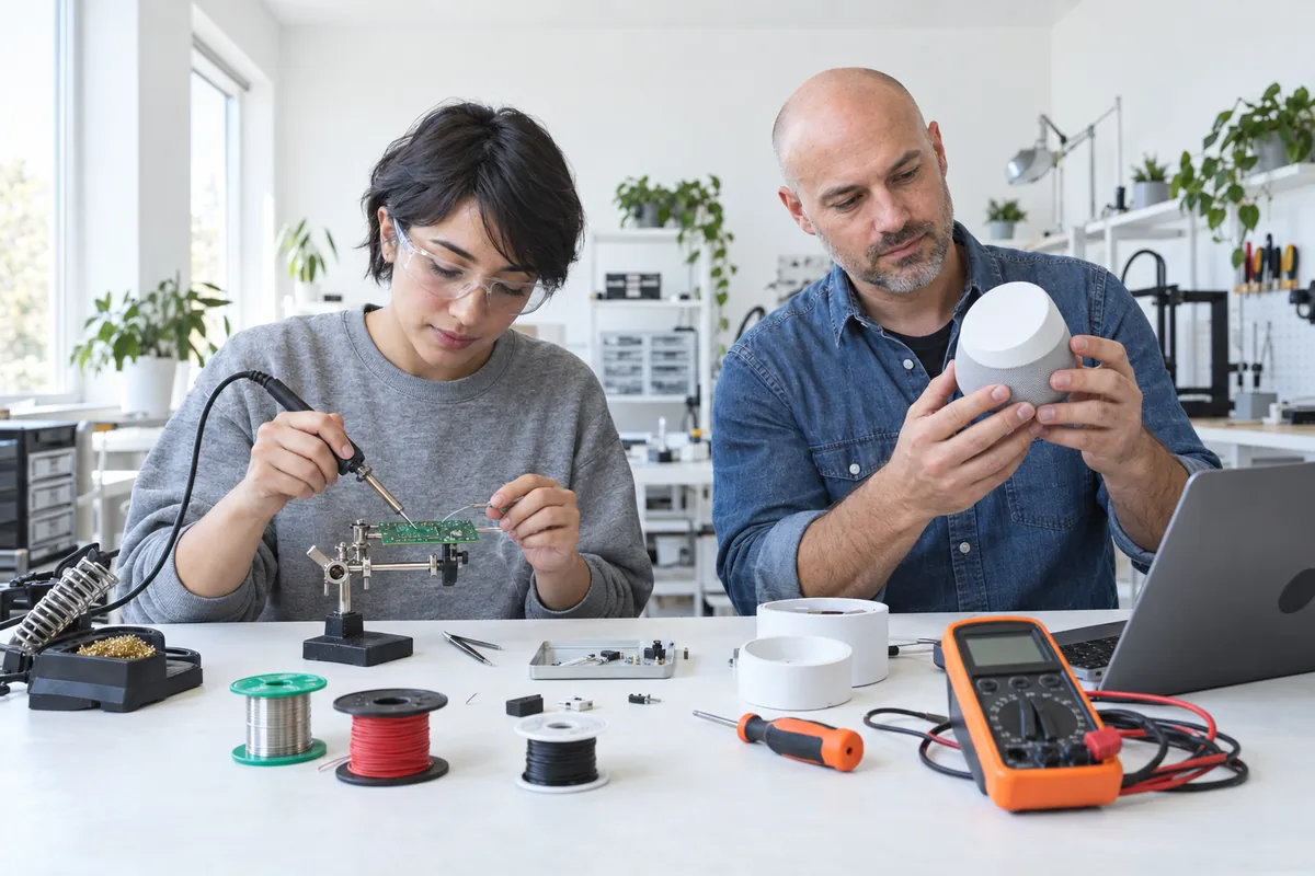 A woman in safety glasses soldering a small circuit board while a man beside her examines a white smart speaker prototype at an electronics bench