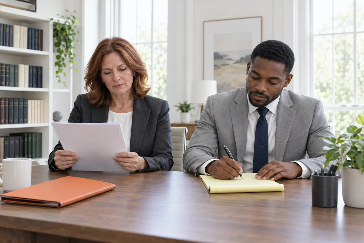 Two lawyers at a meeting table, one reading a stapled document and the other writing on a yellow legal pad, with bookshelves behind them