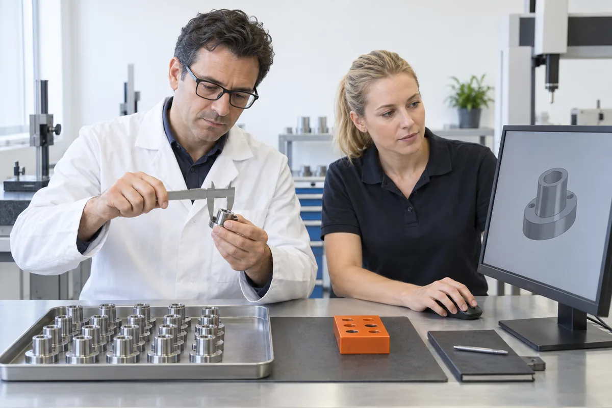 An engineer in a white lab coat measuring a small steel part with a caliper while a colleague views a 3D model of the part on a monitor