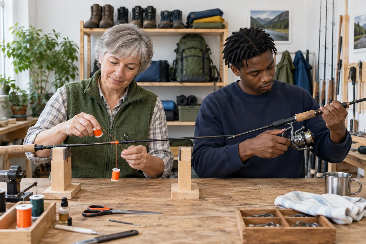 A woman winding orange thread onto a fishing rod at a workshop bench while a man fits a reel to a finished rod