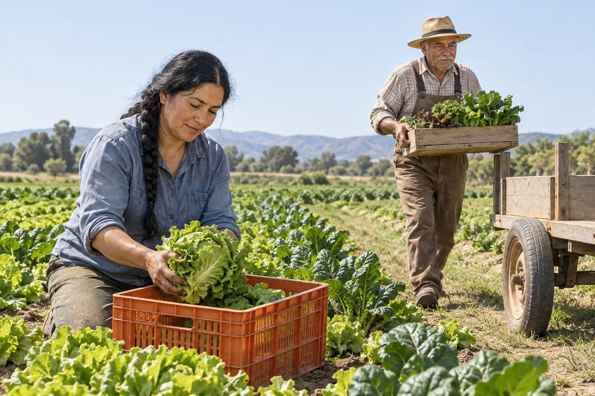 A woman placing a head of lettuce into an orange crate in a vegetable field while an older man carries a tray of leafy greens