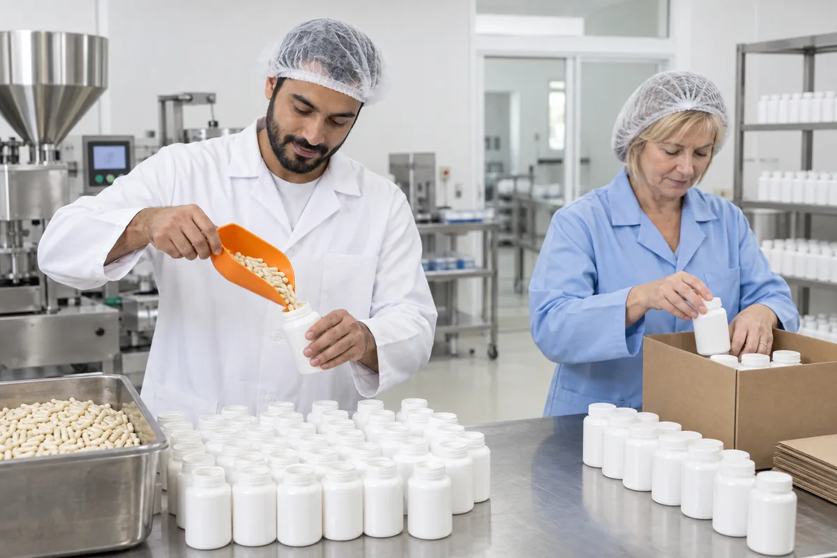 A man in a lab coat pouring capsules from an orange scoop into a plain bottle while a woman packs capped bottles into a box
