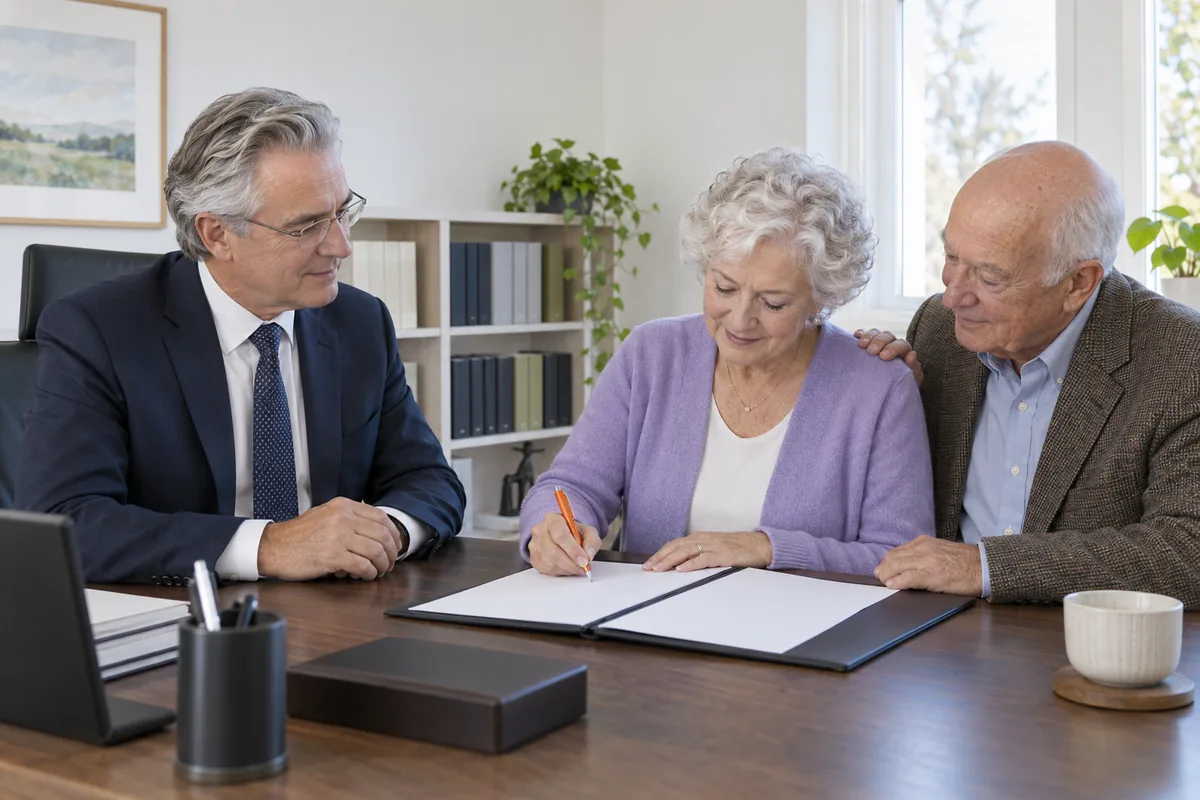 An older woman signing a document with an orange pen at a desk beside a lawyer in a navy suit, her husband resting a hand on her shoulder