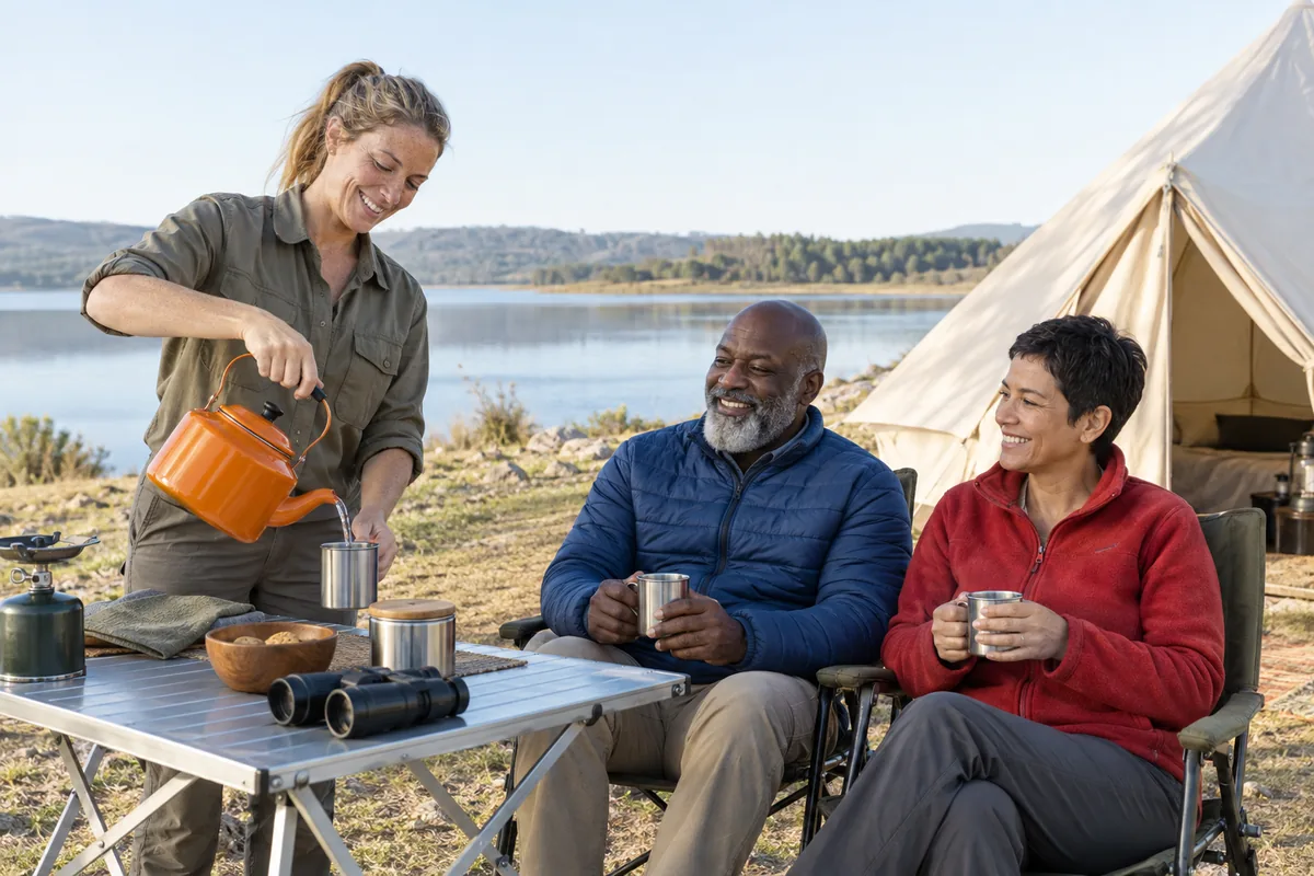 A guide pouring water from an orange kettle at a camp table while two guests sit on canvas chairs beside a tent by a lake