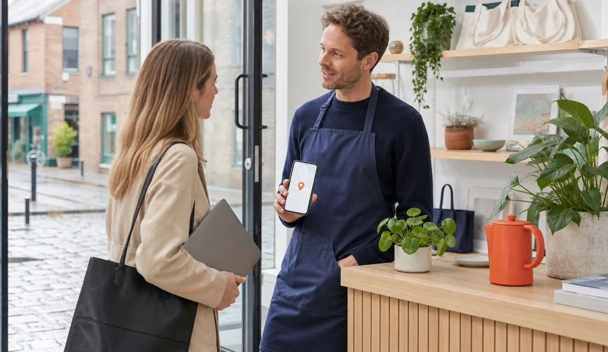 A shop owner and a visiting consultant talking at the counter of a bright Boston storefront