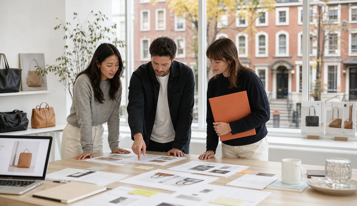 Three colleagues reviewing printed page layouts and notes in a bright meeting room overlooking a Boston brick street