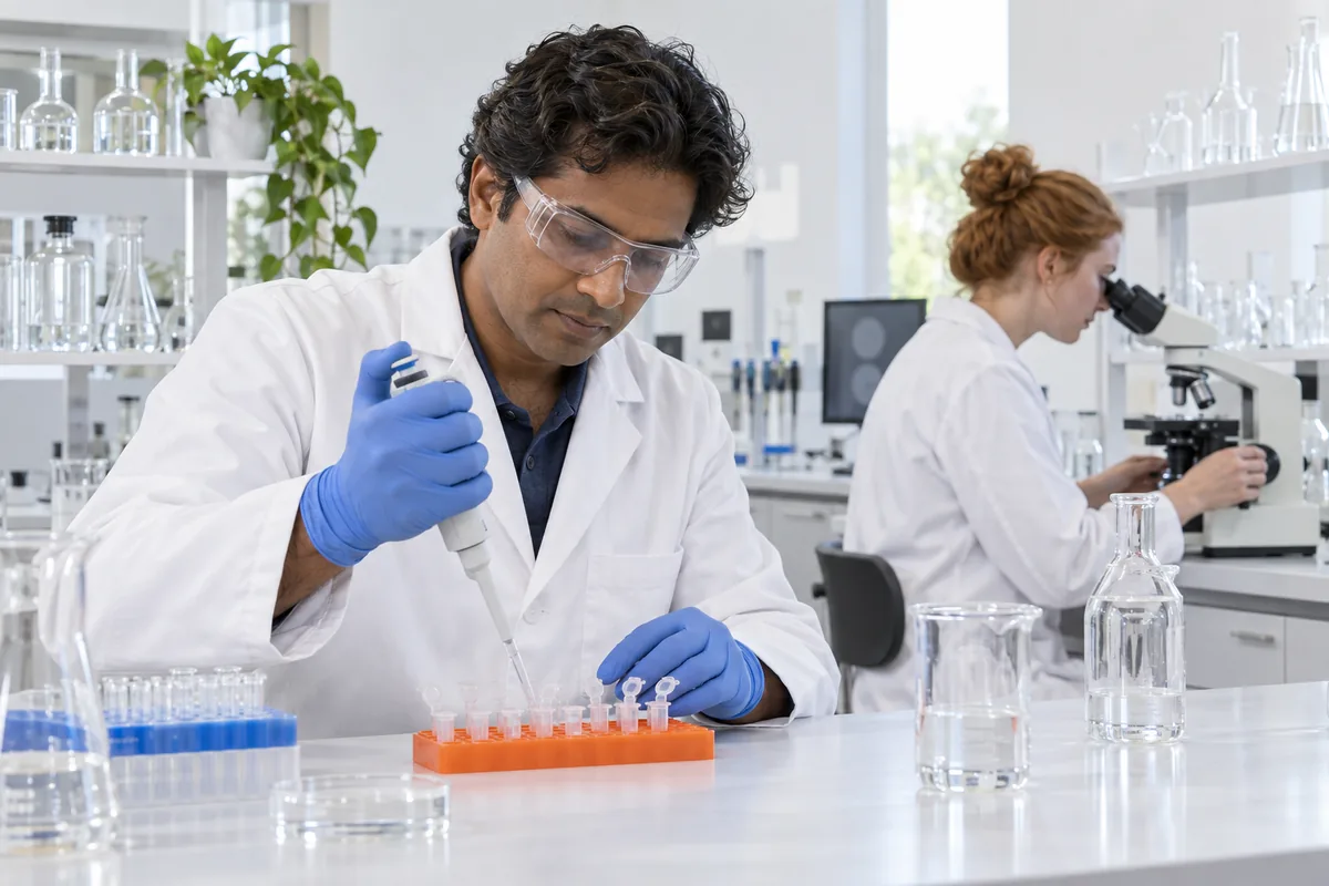 A scientist in a lab coat pipetting into tubes held in an orange rack while a colleague looks into a microscope