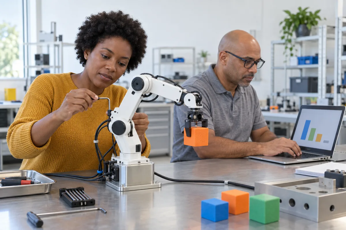A woman adjusting a small robotic arm that grips an orange foam block while a man types on a laptop in an engineering lab