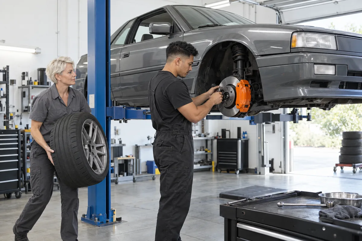 A mechanic bolting an orange brake caliper onto a raised grey car while a colleague carries the removed wheel in a garage