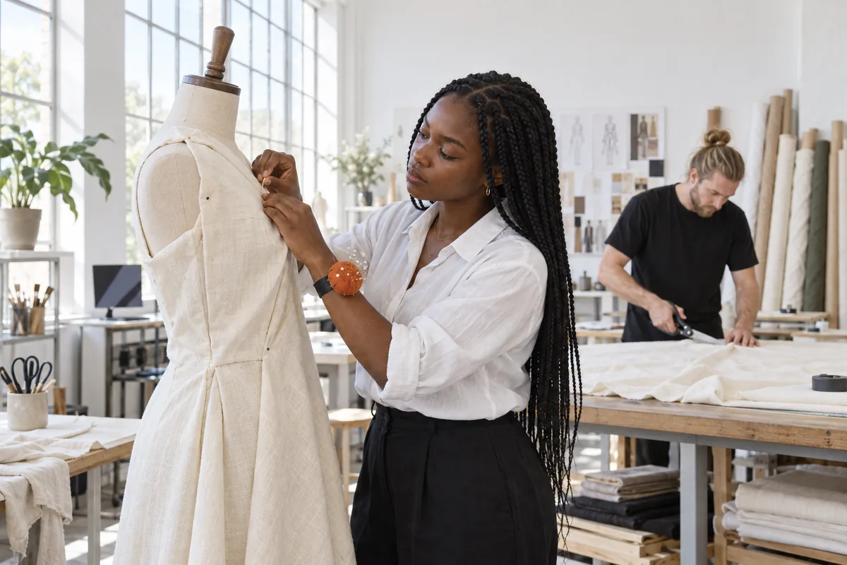 A designer pinning cream linen onto a dress form with an orange pin cushion on her wrist while a man cuts fabric behind her