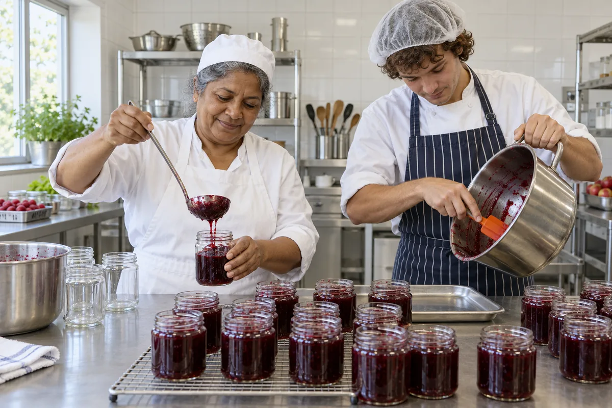 A cook ladling jam into plain glass jars while a younger man scrapes a pot with an orange spatula in a commercial kitchen