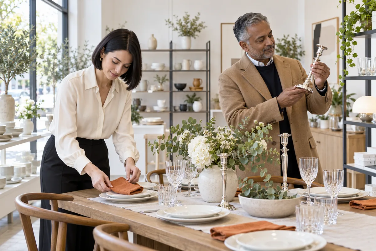A shop assistant placing an orange napkin on a porcelain plate at a display dining table while a customer examines a silver candlestick