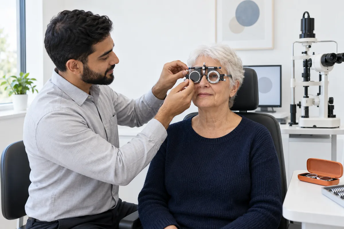 An optometrist sliding a lens into a metal trial frame worn by an older woman seated in an exam chair