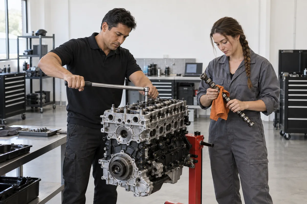 An engineer tightening a bolt on an engine mounted on a stand while a colleague wipes a camshaft with an orange rag