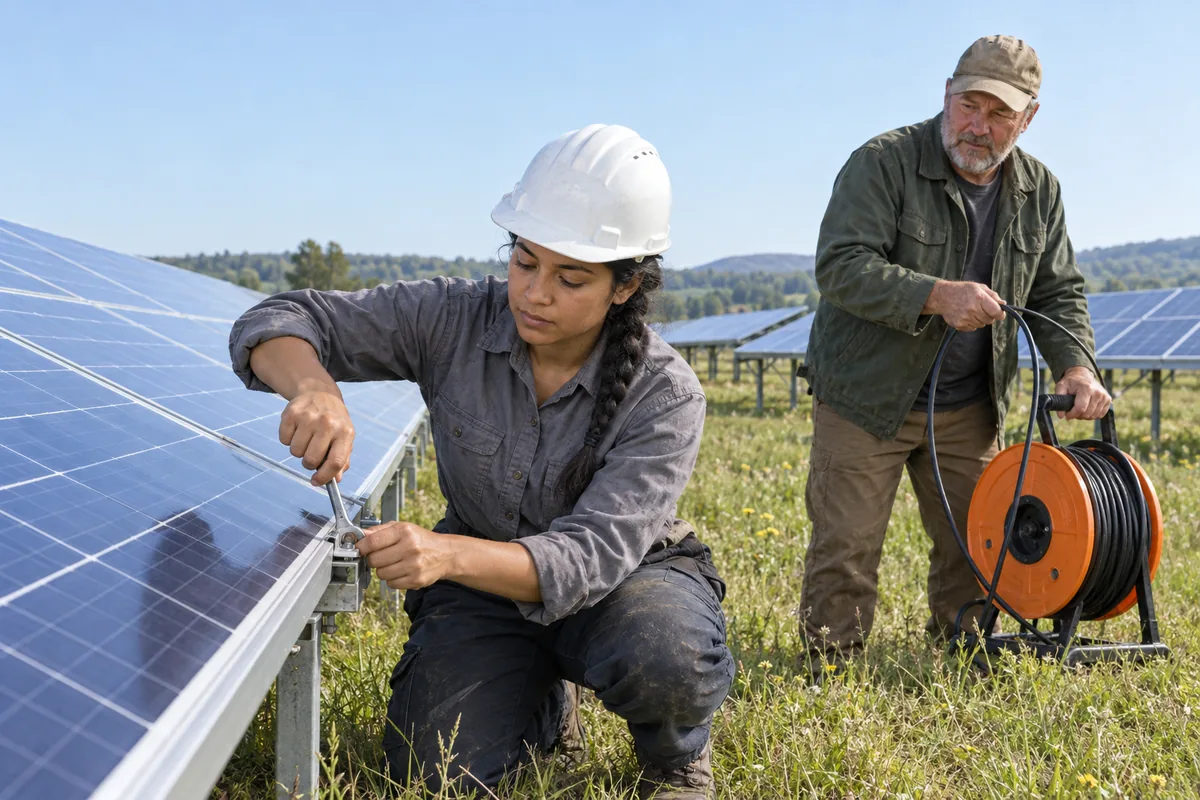 A technician tightening a clamp on a ground-mounted solar panel while a colleague unwinds cable from an orange reel