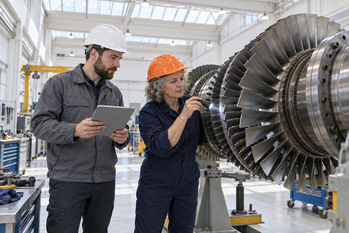 Two engineers inspecting a large steel turbine rotor in a workshop, one in an orange hard hat shining a torch between the blades