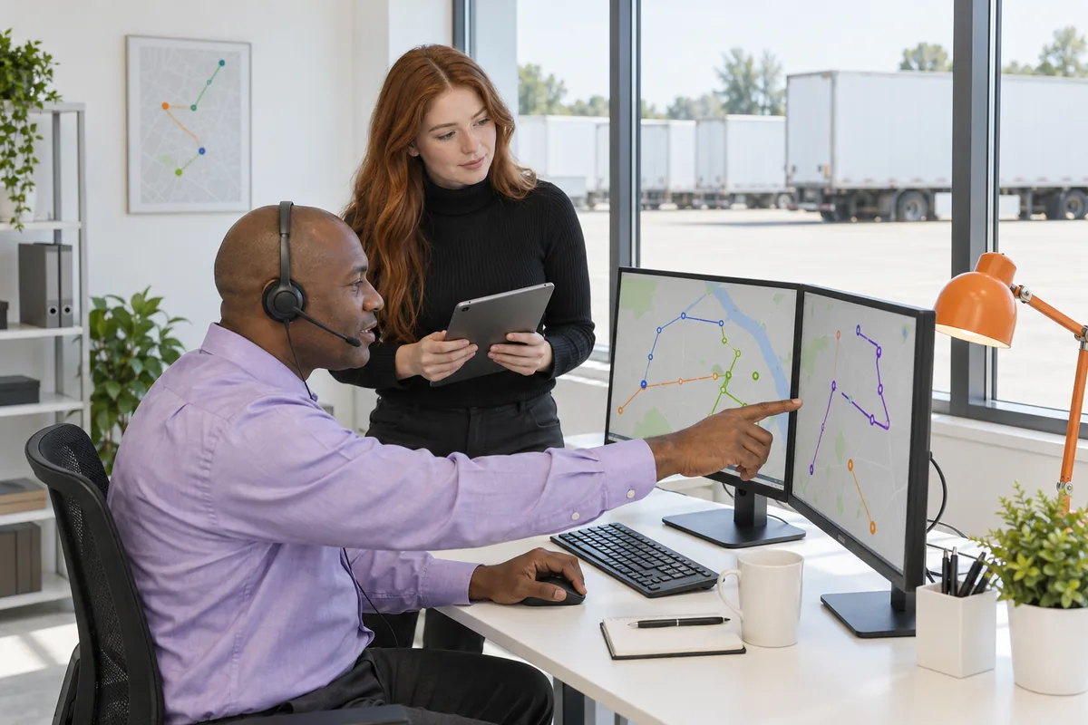 A dispatcher in a headset at two monitors showing coloured route lines while a colleague stands beside him holding a tablet