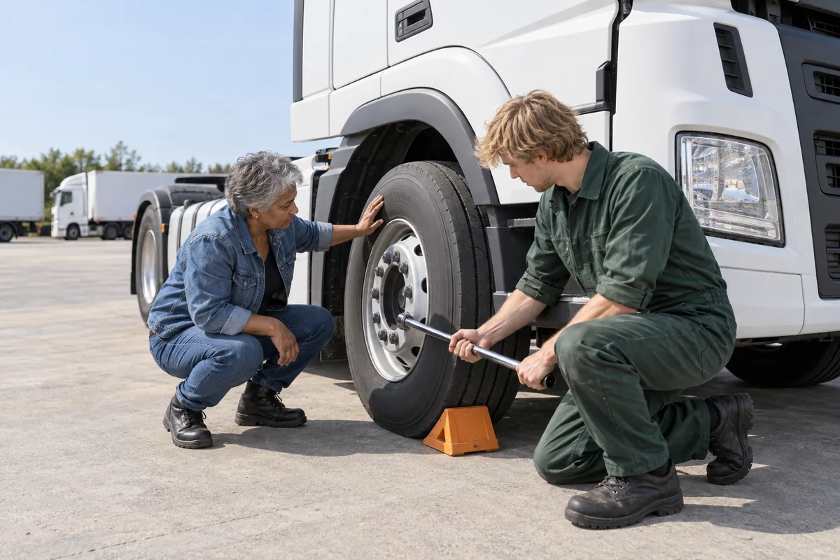 A driver checking a truck tire beside an orange wheel chock while a mechanic tightens a wheel nut in a truck yard