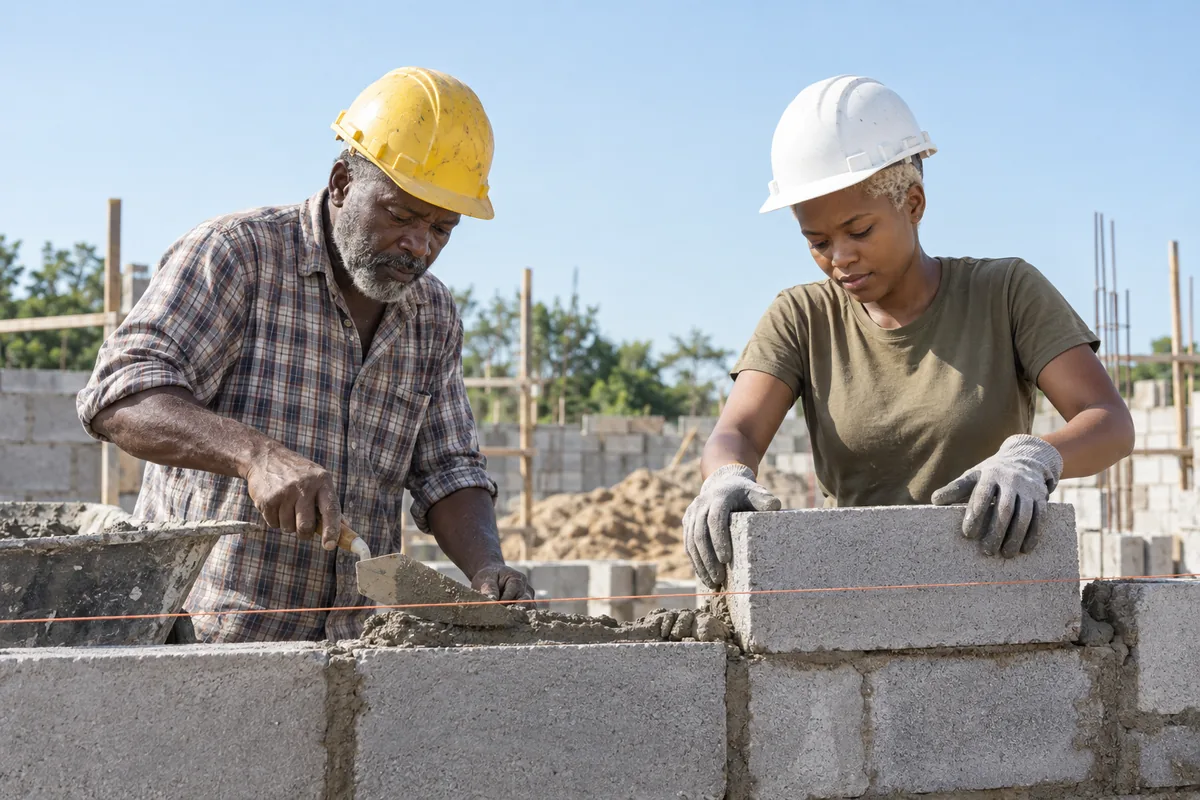 Two masons in hard hats building a grey concrete block wall along an orange string line, one spreading mortar with a trowel