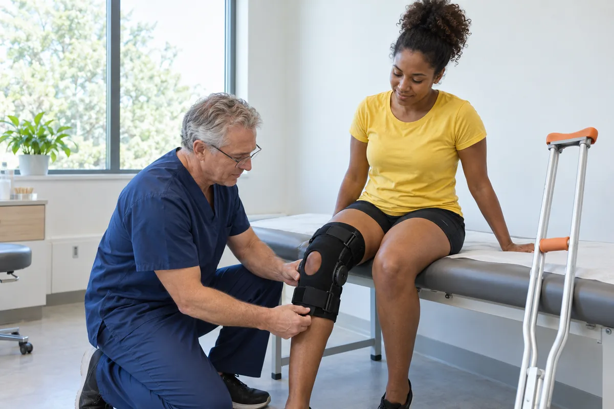 A clinician in scrubs fastening a knee brace on a seated woman, with crutches that have orange hand grips leaning on the couch