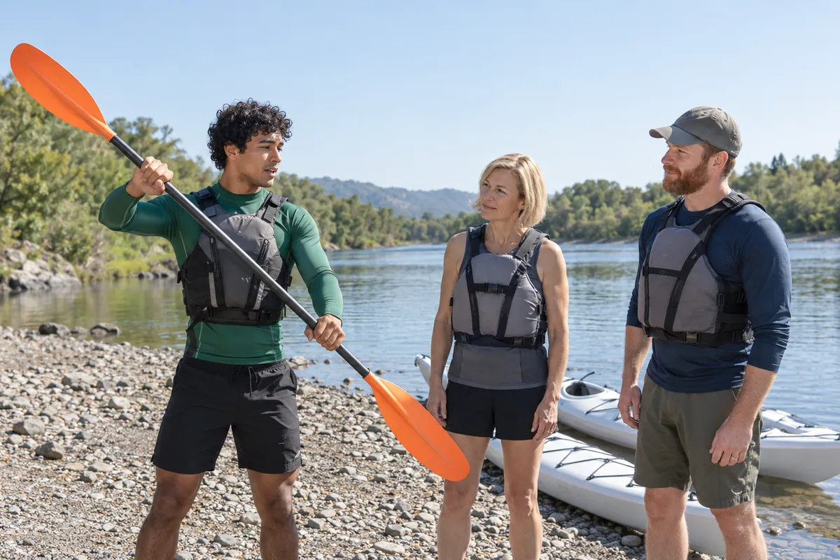 A guide showing two guests in life vests how to hold a kayak paddle with orange blades on a gravel riverbank
