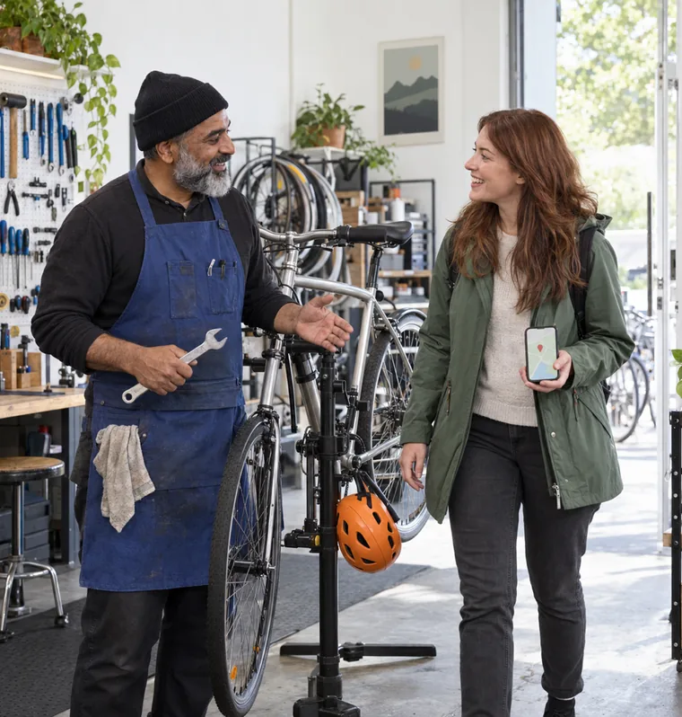 A bicycle mechanic at a repair stand greeting a woman who walks into the shop holding a phone that shows a pale map with one pin