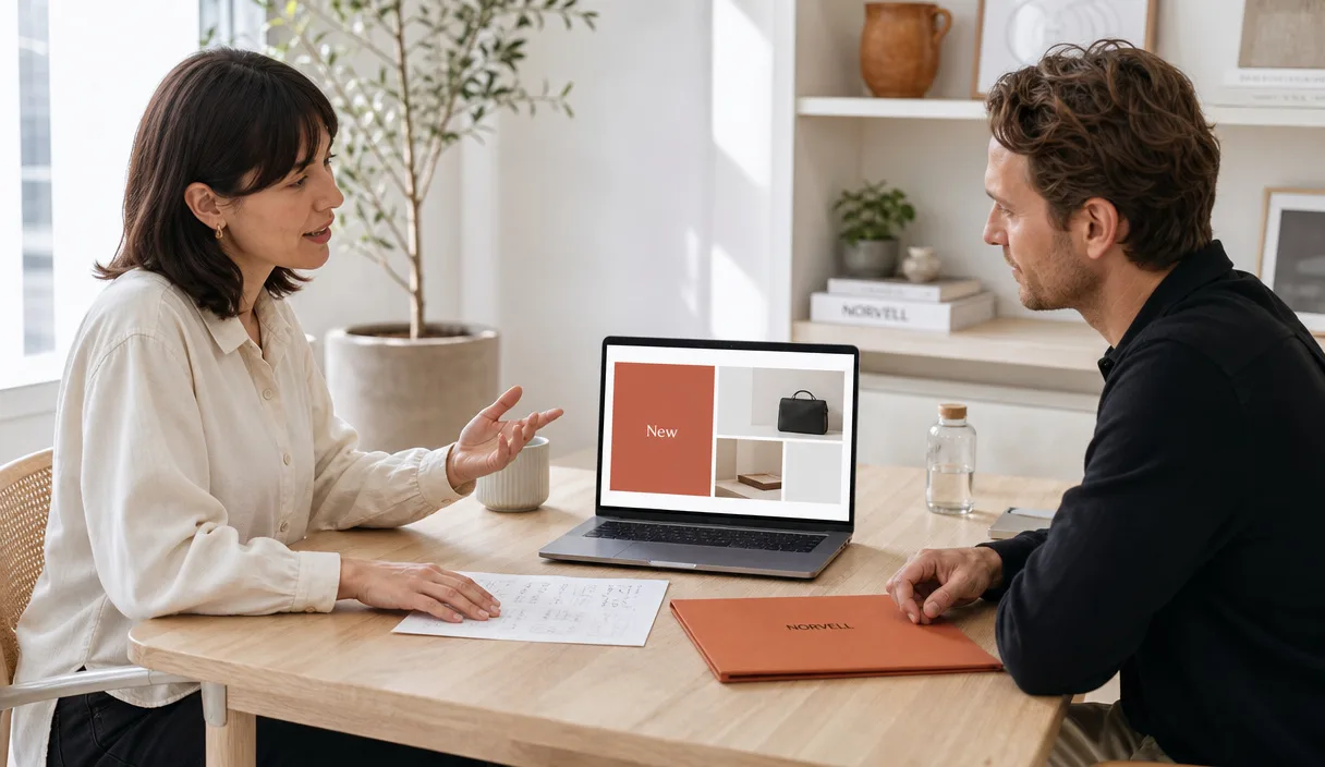 A Chicago business owner and an SEO strategist reviewing a website together across a table
