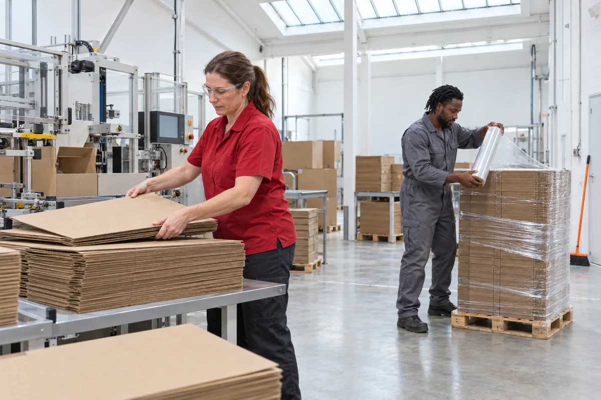 A worker stacking flat cardboard sheets beside a box-folding machine while a man wraps a pallet of cartons in stretch film