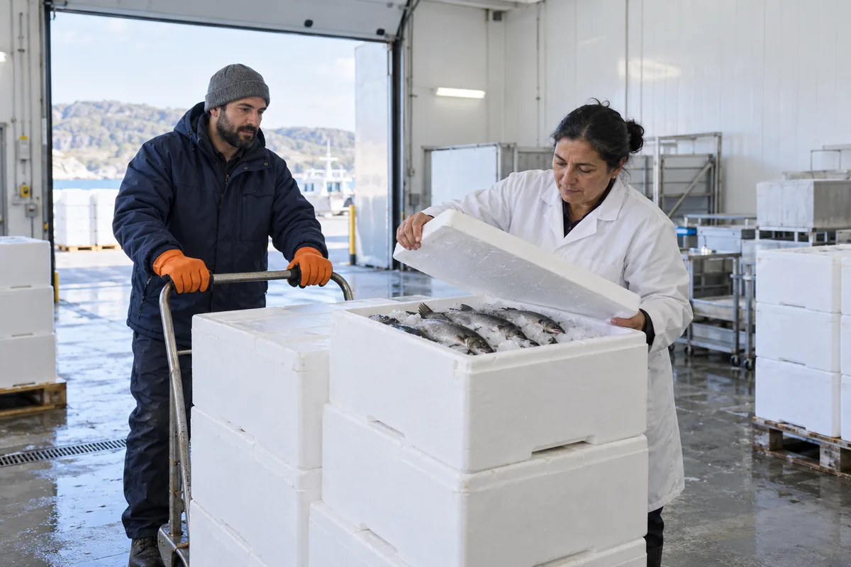 A worker in orange gloves wheeling a trolley of plain insulated boxes while a woman in a white coat checks fish packed in ice