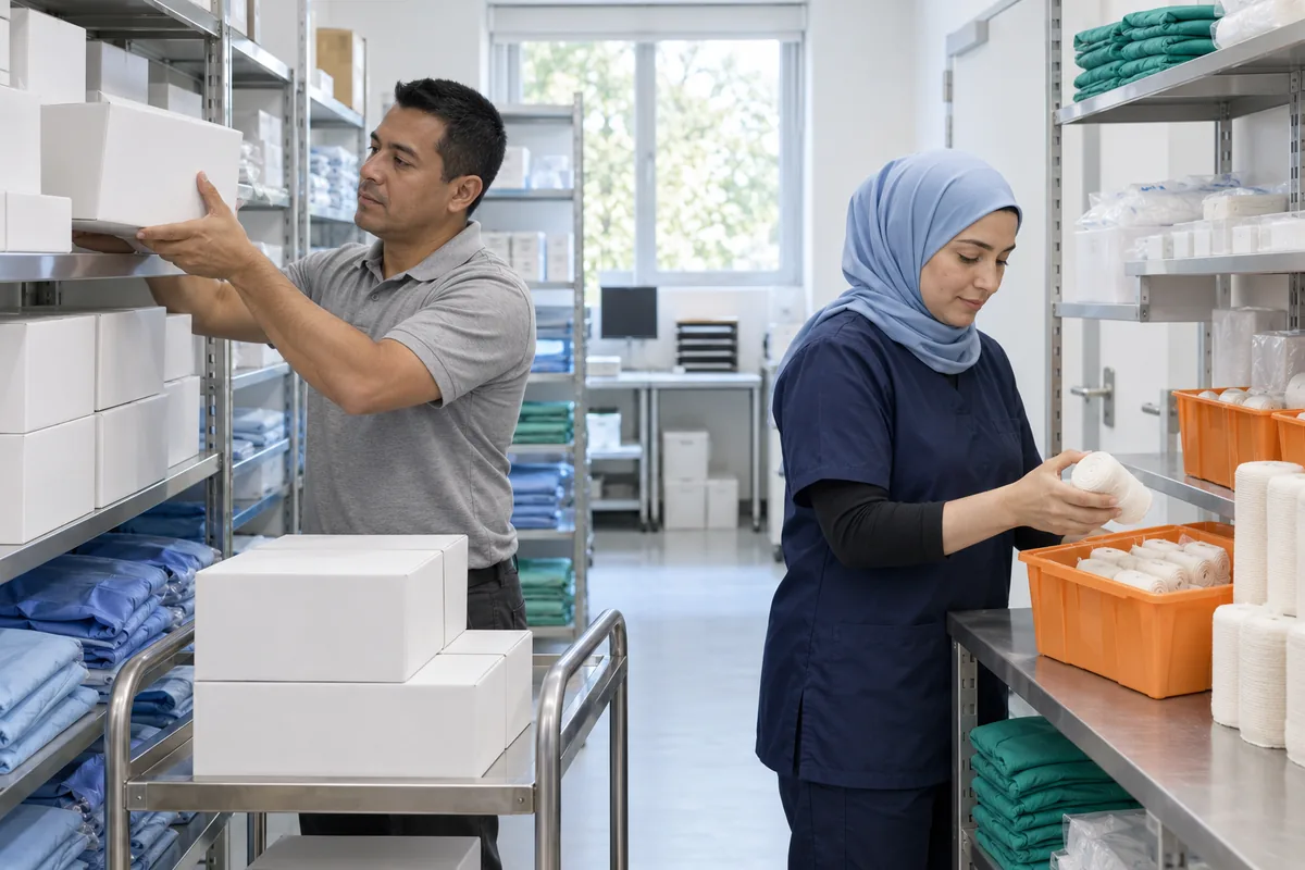 A man shelving plain white boxes while a woman in a blue headscarf sorts white packs into an orange crate in a stockroom