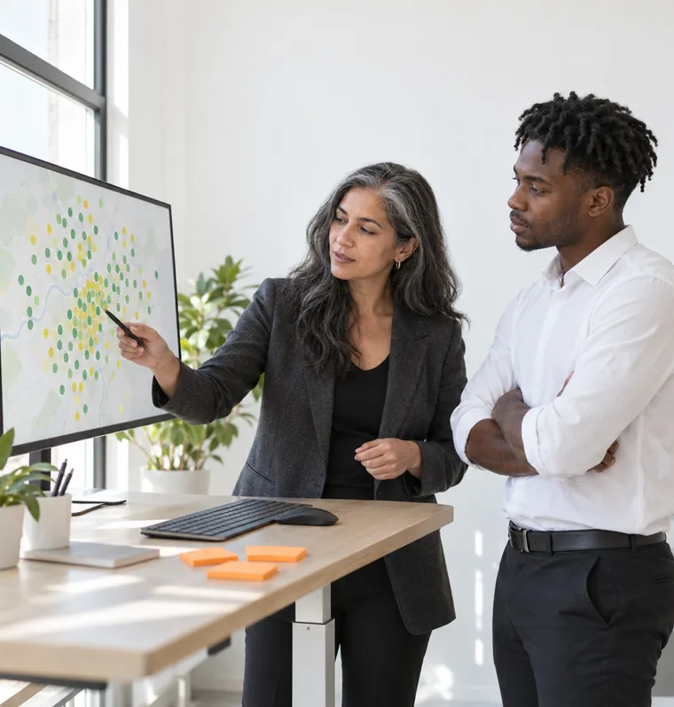 Two colleagues at a standing desk studying a monitor that shows a pale map covered with green and yellow dots