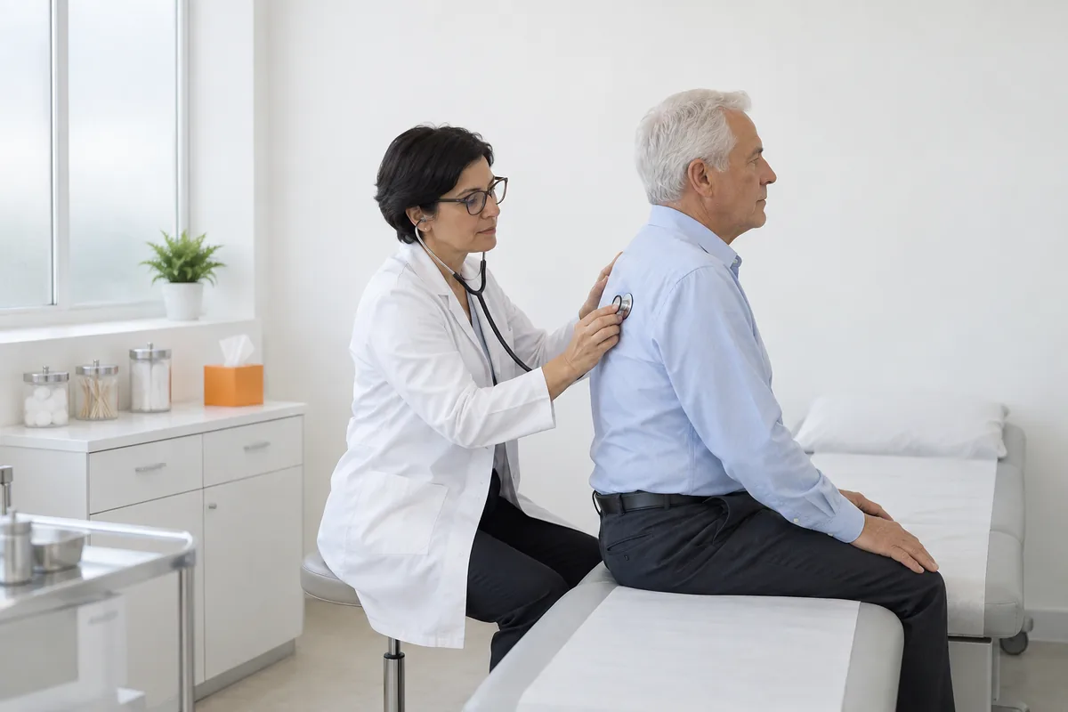 A doctor in a white coat listening to an older man with a stethoscope in a bright clinic exam room