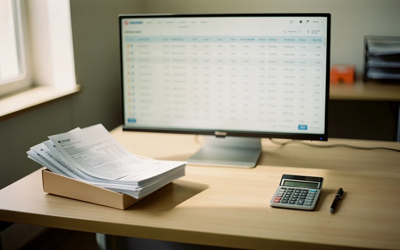 A desk with a tray of printed purchase orders and invoices beside a monitor showing a table of ERP records