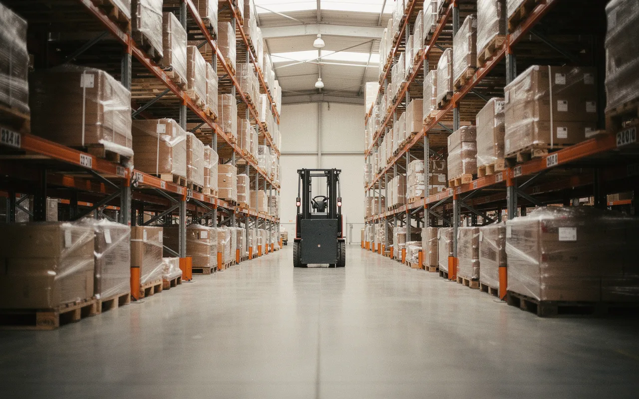 A distribution warehouse aisle with tall racks of shrink-wrapped pallets and a forklift at the far end